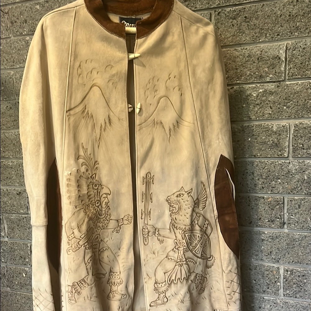 Vintage Mont leather Beige and Brown Embroidered Native American poncho